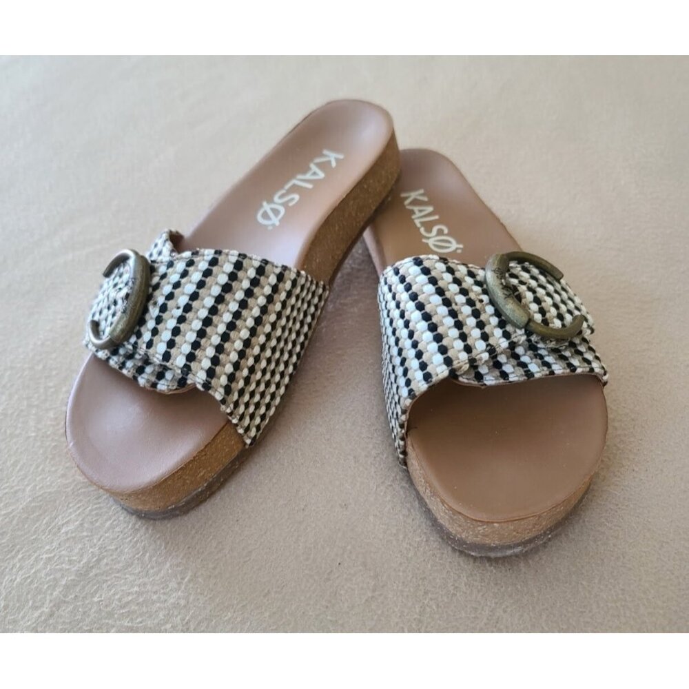 Kalso Earth Womens Sway Clog Sz 9 Fabric Tan Multicolor Big Buckle Sandal NEW